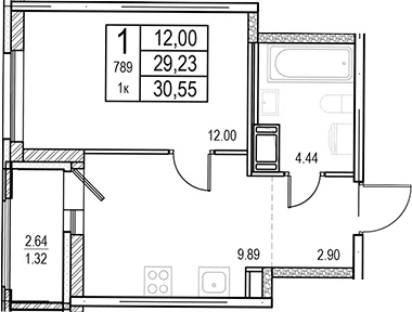 Планировка: 1-комнатная квартира 29,2 м² в ЖК «ID Murino III»