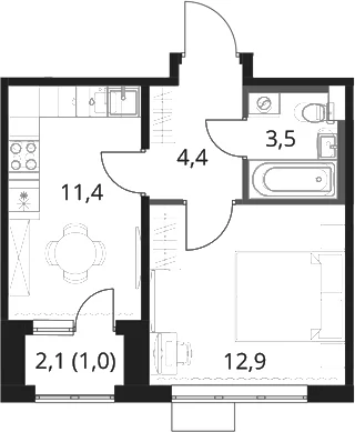 Планировка: 1-комнатная квартира 32,2 м² в ЖК «1-й Шереметьевский»