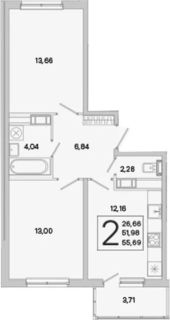 Планировка: 2-комнатная квартира 52 м² в ЖК «ЮгТаун. Олимпийские кварталы»