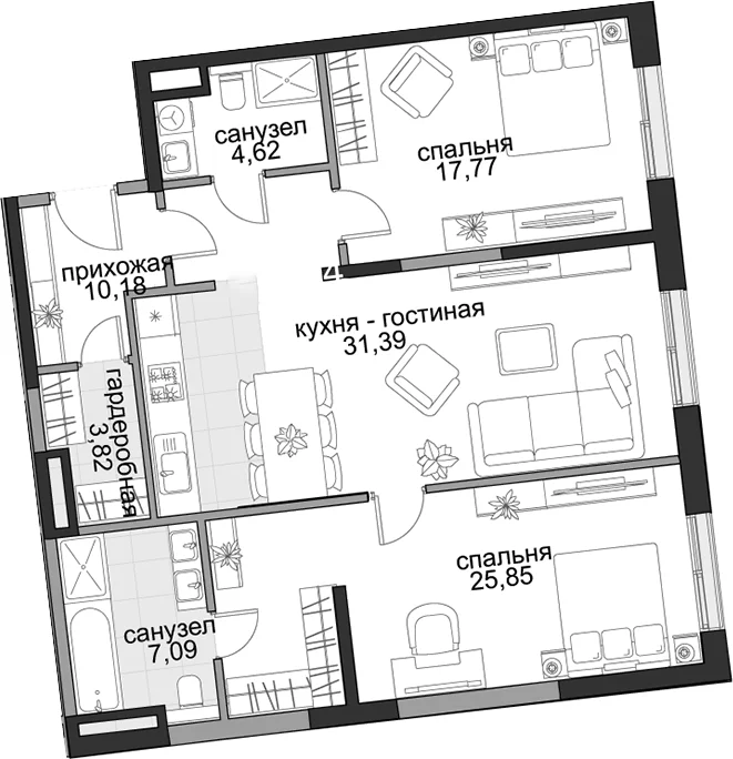 Планировка: Евротрёшка 100,7 м² в ЖК «Садовническая, 69»