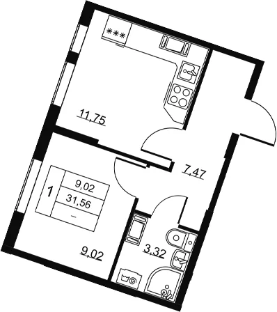 Планировка: 1-комнатная квартира 31,6 м² в ЖК «Высота. Всеволожск»