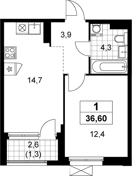 Планировка: 1-комнатная квартира 35,3 м² в ЖК «Прокшино»