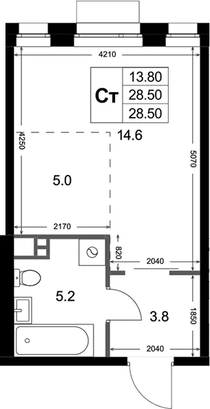 Планировка: Студия 28,6 м² в ЖК «Кореневский Форт 2.3»