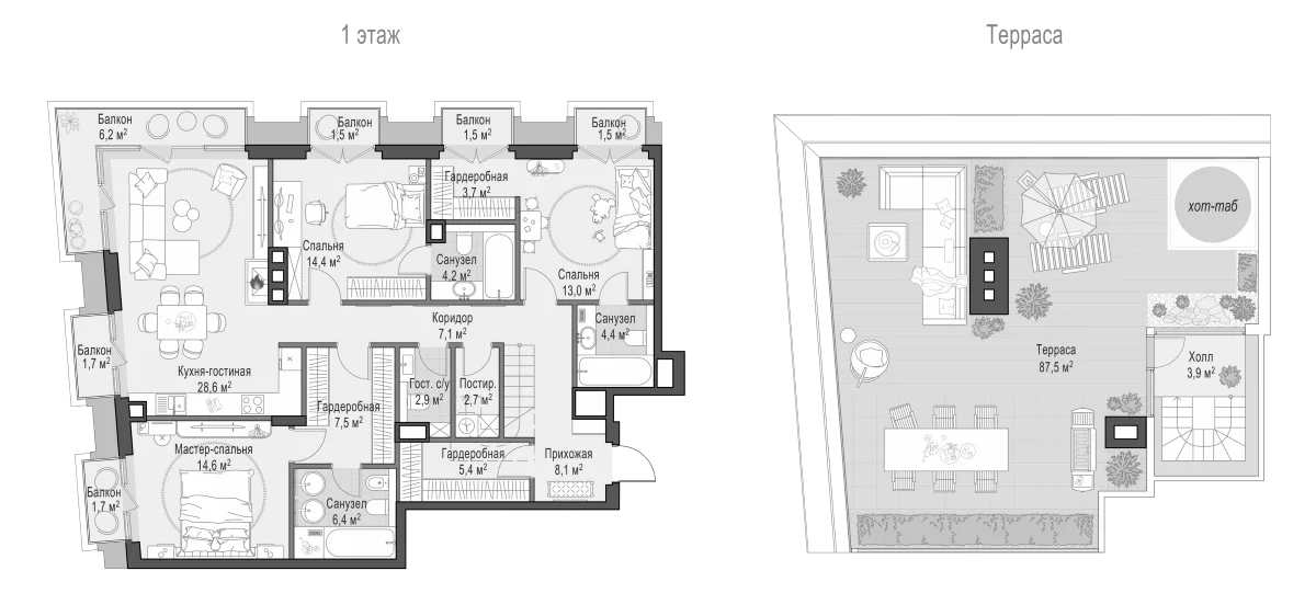 Планировка: Квартира евро-4 126,4 м² в ЖК «Квартал Тишинский бульвар»