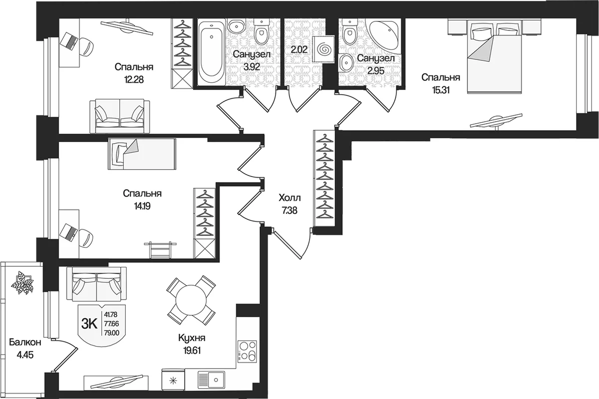 Планировка: 3-комнатная квартира 77,7 м² в ЖК «Охтинские высоты»