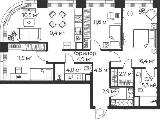 Планировка: Квартира евро-4 84,7 м² в ЖК «Веер»