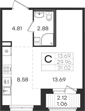 Планировка: Студия 30 м² в ЖК «Романовка»