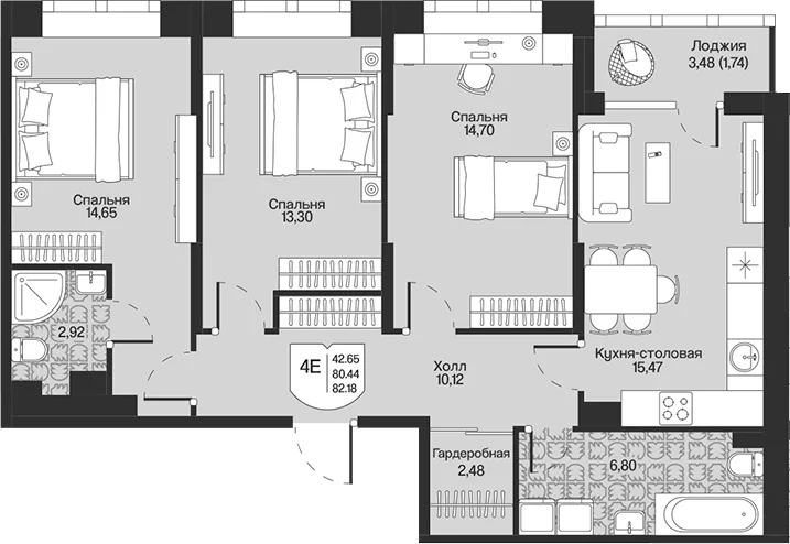 Планировка: Квартира евро-4 80,4 м² в ЖК «Охтинские высоты»