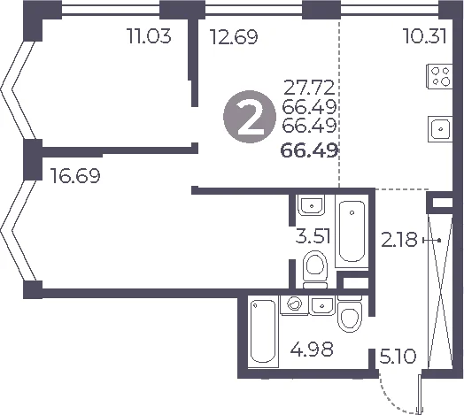 Планировка: 2-комнатная квартира 66,5 м² в ЖК «Мневники от Гранель»