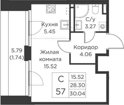 Планировка: Студия 28,3 м² в ЖК «Кронфорт»