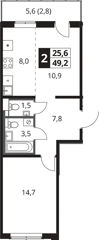 Планировка: Евродвушка 46,4 м² в ЖК «1-й Южный»