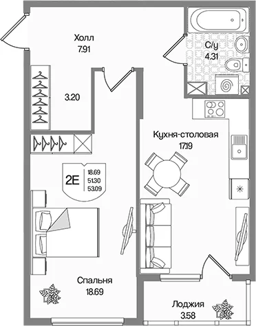 Планировка: Евродвушка 51,3 м² в ЖК «Охтинские высоты»