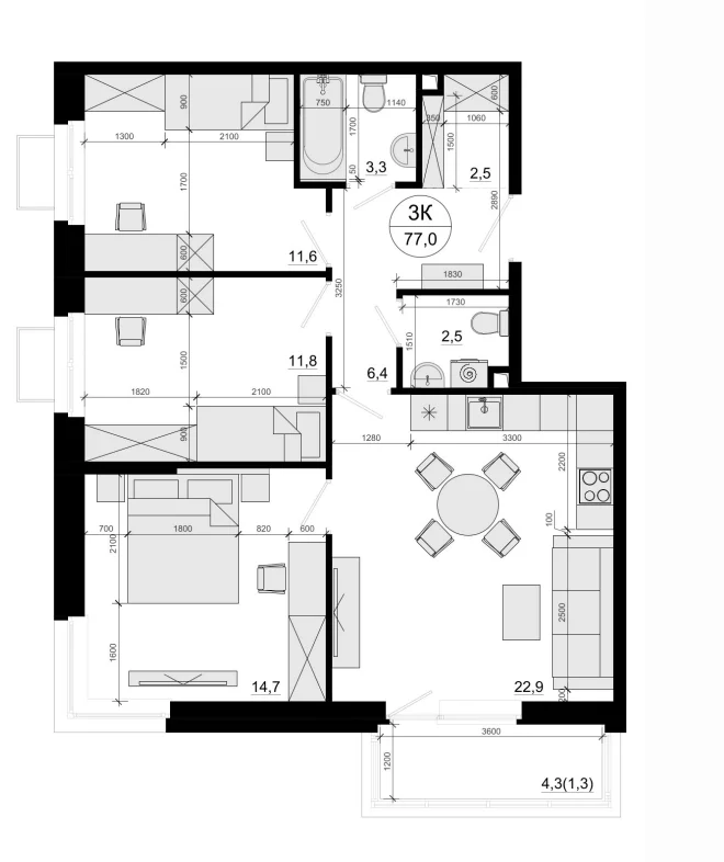 Планировка: 3-комнатная квартира 73,8 м² в ЖК «Одинцовские Кварталы Эволюция»