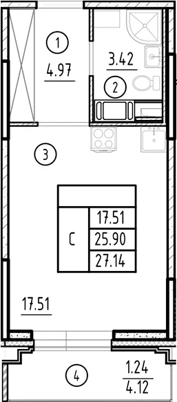 Планировка: Студия 25,9 м² в ЖК «Ассамблея»