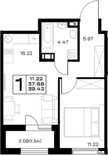 Планировка: Евродвушка 37,9 м² в ЖК «Борский»