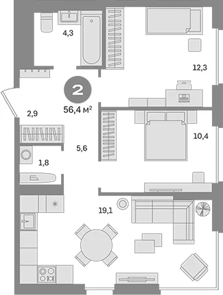 Планировка: 2-комнатная квартира 56,4 м² в ЖК «Квартал Герцена»