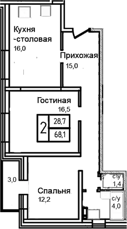 Планировка: Евротрёшка 65,1 м² в ЖК «Троицкий»