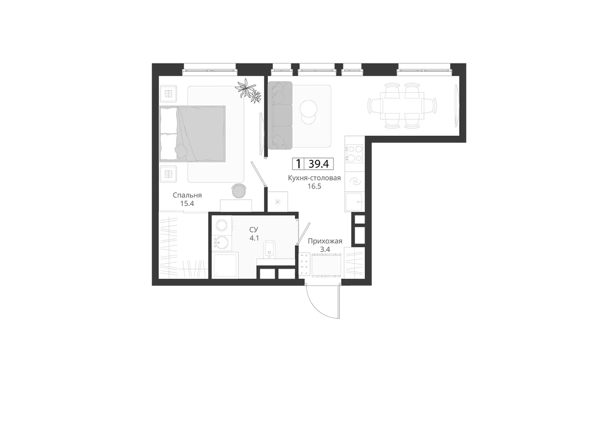 Планировка: Евродвушка 39,4 м² в ЖК «ГРЭЙ»