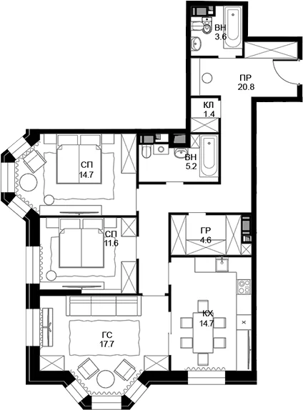 Планировка: 3-комнатная квартира 94,3 м² в ЖК «Театральный квартал»