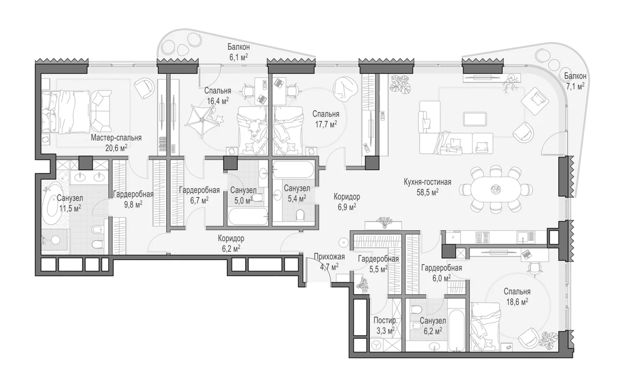 Планировка: Квартира евро-5 209 м² в ЖК «Дом Лаврушинский»