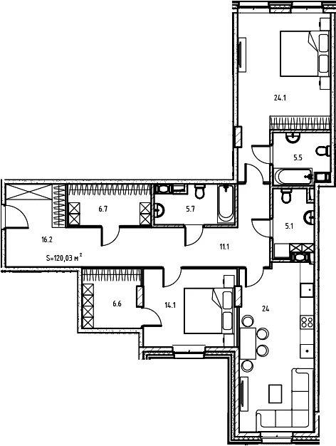 Планировка: Евротрёшка 113,9 м² в ЖК «Клубный дом Манхеттен»