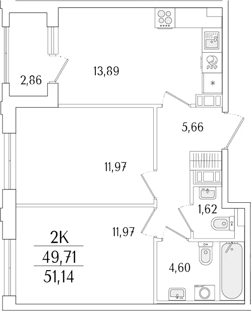 Планировка: 2-комнатная квартира 49,7 м² в ЖК «Гранат»