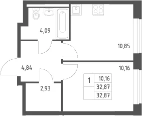 Планировка: 1-комнатная квартира 32,9 м² в ЖК «Новое Видное»
