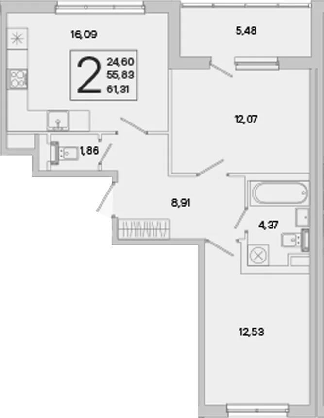 Планировка: 2-комнатная квартира 55,8 м² в ЖК «ЮгТаун. Олимпийские кварталы»