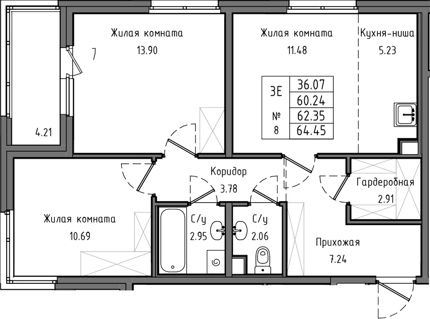 Планировка: Евротрёшка 60,2 м² в ЖК «Тишин»
