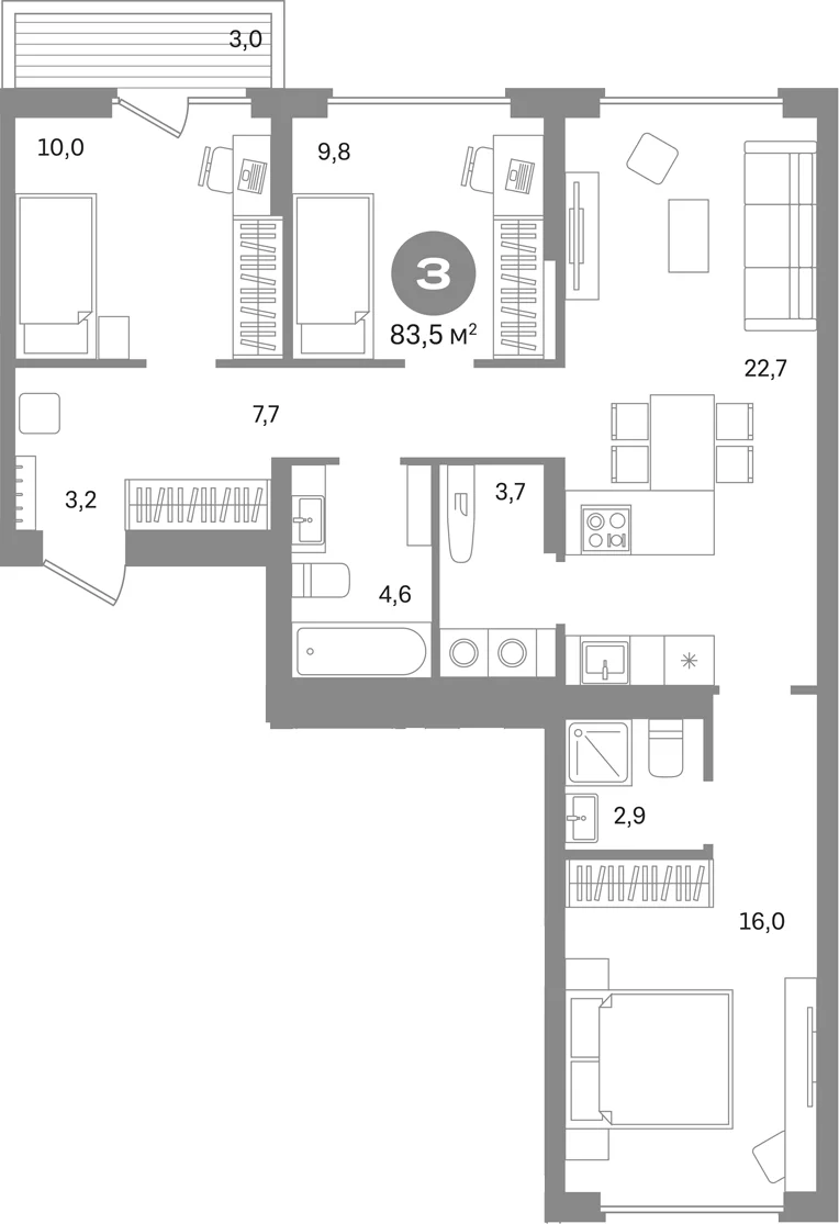 Планировка: 3-комнатная квартира 80,5 м² в ЖК «Первый квартал. Вторая очередь»