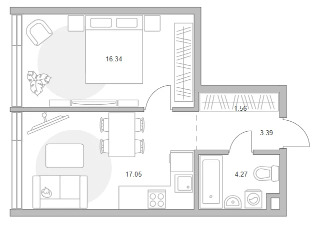 Планировка: 1-комнатная квартира 42,6 м² в ЖК «Мневники от Гранель»