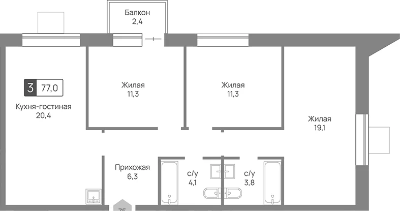 Планировка: Квартира евро-4 76,3 м² в ЖК «Отрада 3»