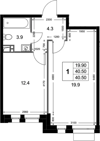 Планировка: 1-комнатная квартира 40,5 м² в ЖК «Кореневский Форт 2.3»
