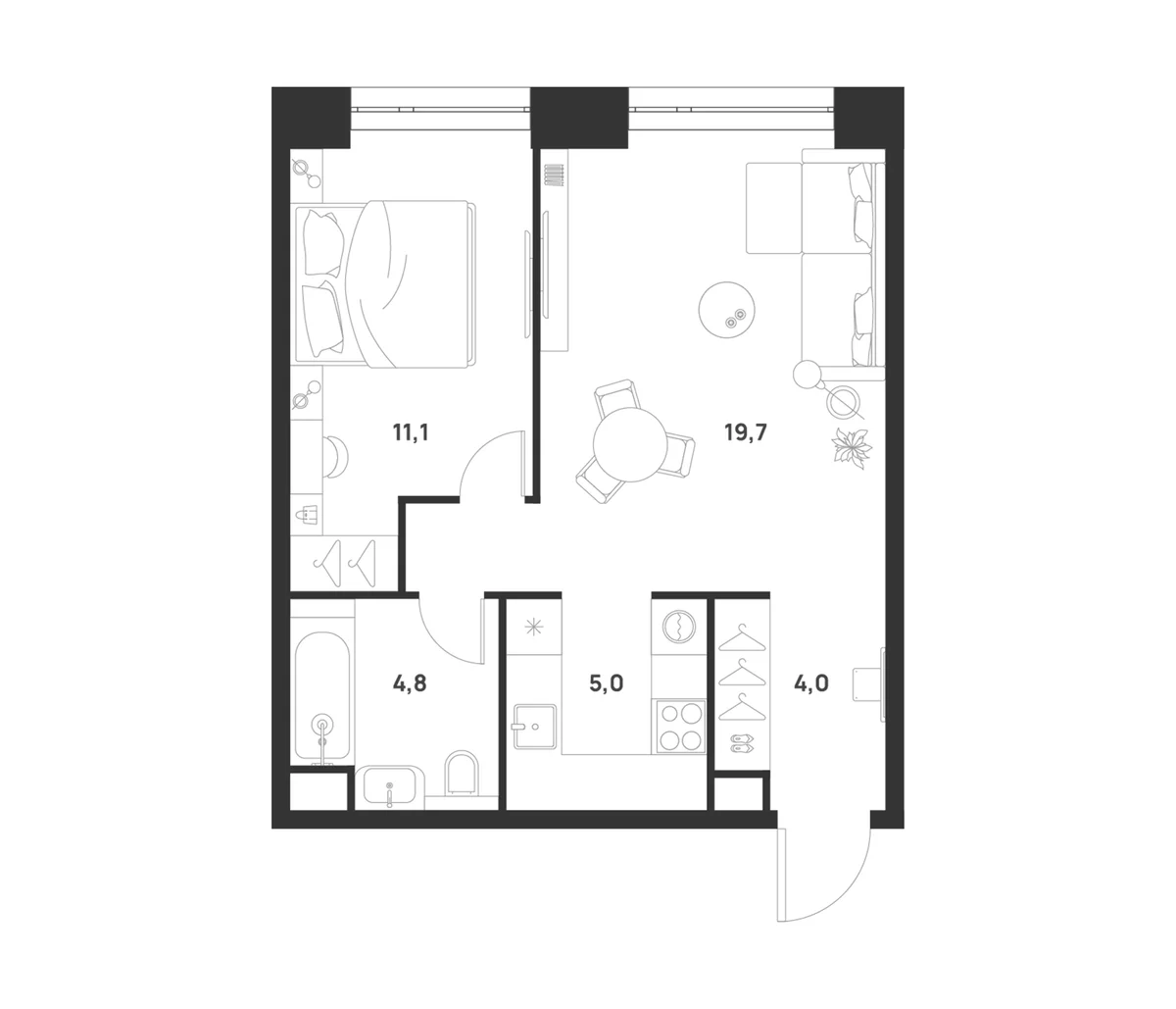 Планировка: 1-комнатная квартира 44,6 м² в ЖК «ВОЙС»
