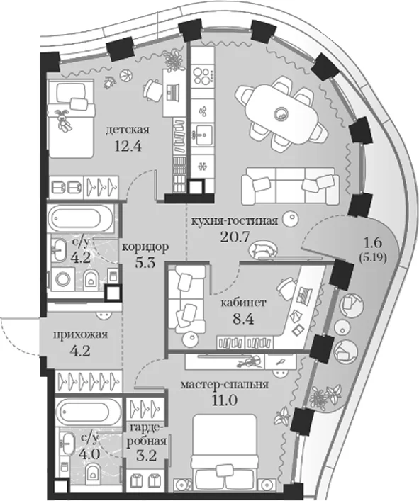 Планировка: 3-комнатная квартира 73,4 м² в ЖК «Муза»