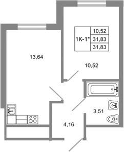 Планировка: 1-комнатная квартира 31,8 м² в ЖК «Стороны света 2»