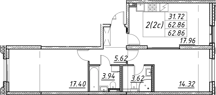 Планировка: Евротрёшка 62,9 м² в ЖК «Цивилизация на Неве»