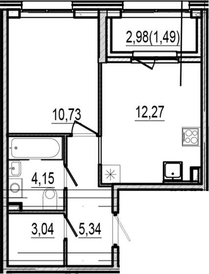 Планировка: 1-комнатная квартира 35,5 м² в ЖК «Оптимист»