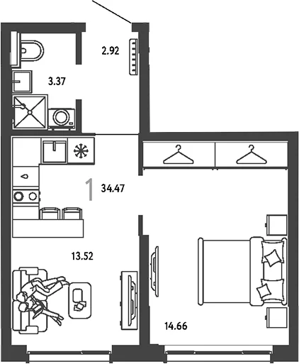 Планировка: 1-комнатная квартира 34,5 м² в ЖК «Страна.Парковая»