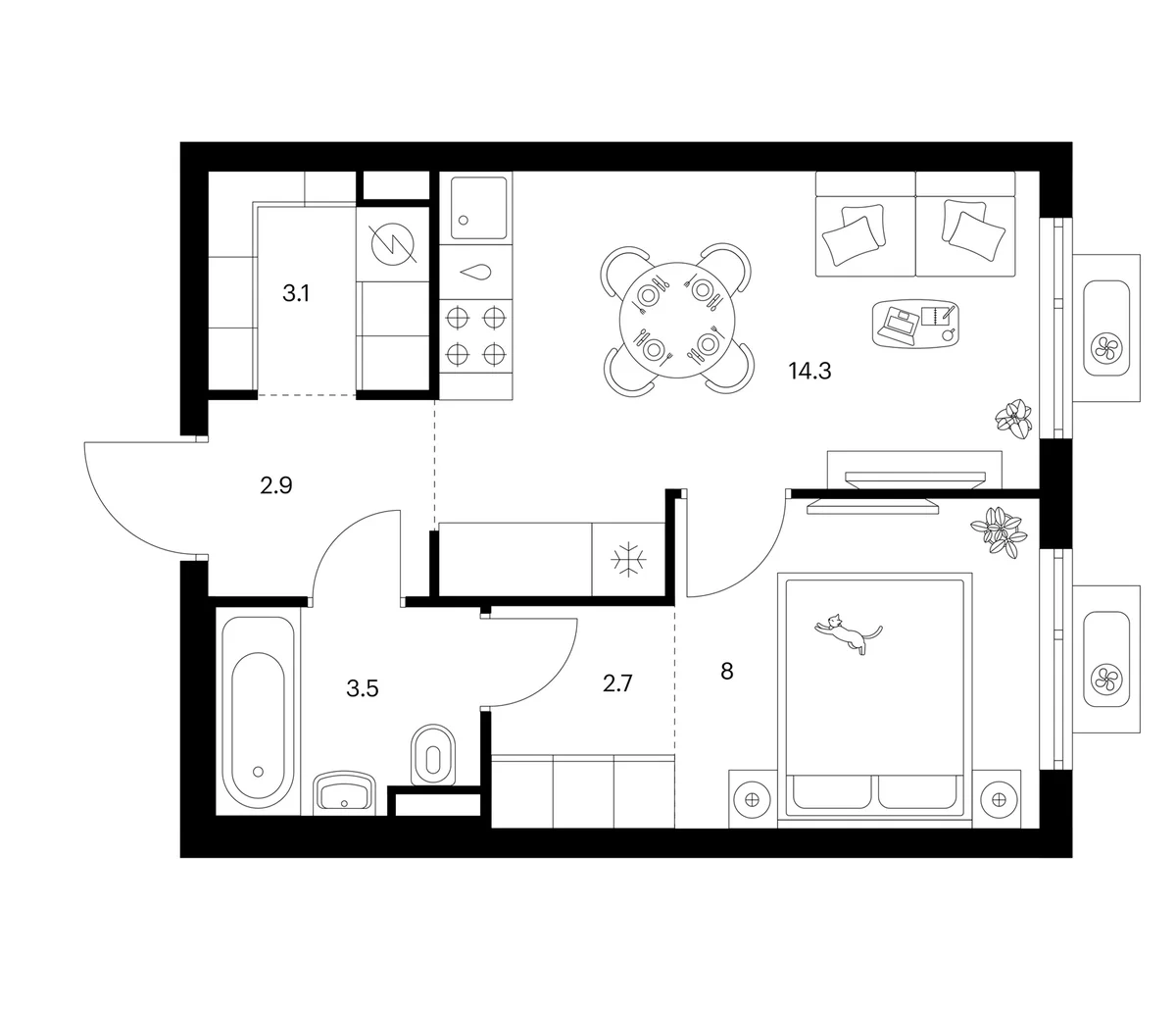 Планировка: 1-комнатная квартира 34,5 м² в ЖК «Белая Дача парк»