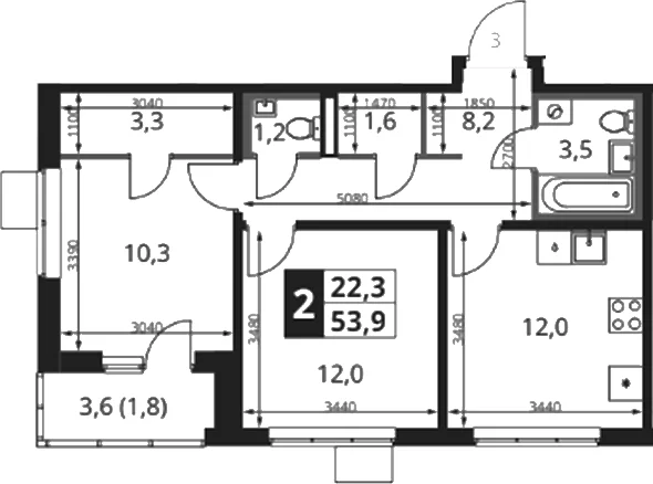 Планировка: 2-комнатная квартира 53 м² в ЖК «1-й Ясеневский»