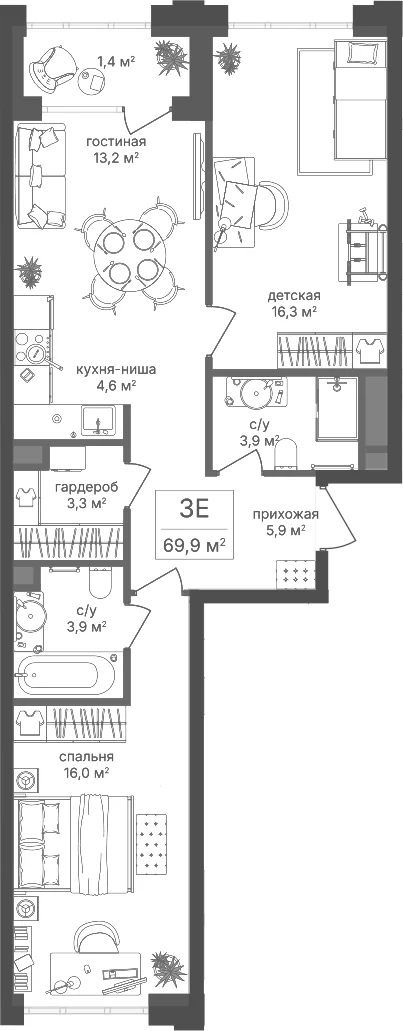 Планировка: Евротрёшка 67,1 м² в ЖК «Михалковский»