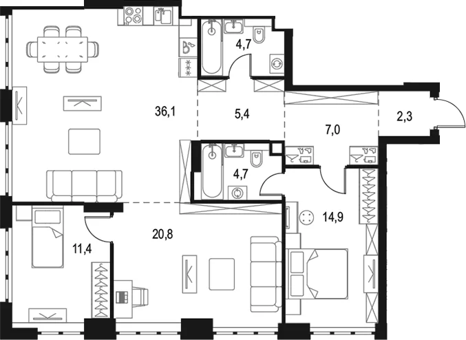Планировка: Евротрёшка 107,3 м² в ЖК «Левел Южнопортовая»