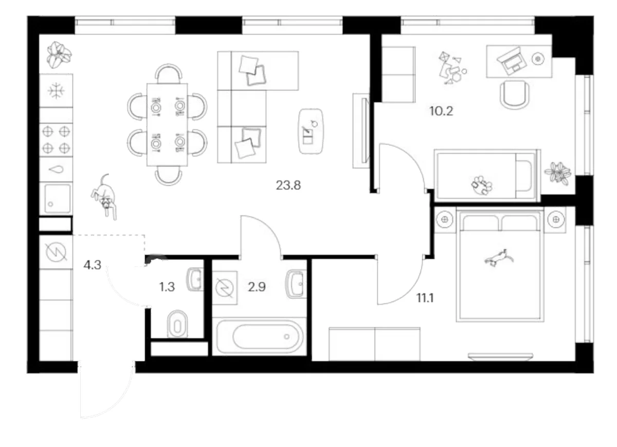 Планировка: 2-комнатная квартира 53,6 м² в ЖК «Бунинская набережная»