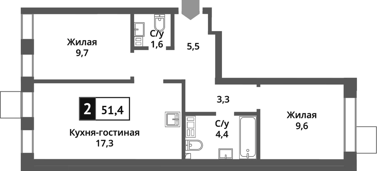 Планировка: Евротрёшка 51,4 м² в ЖК «Никольский квартал Отрада»
