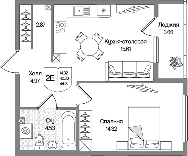 Планировка: Евродвушка 42,3 м² в ЖК «Охтинские высоты»