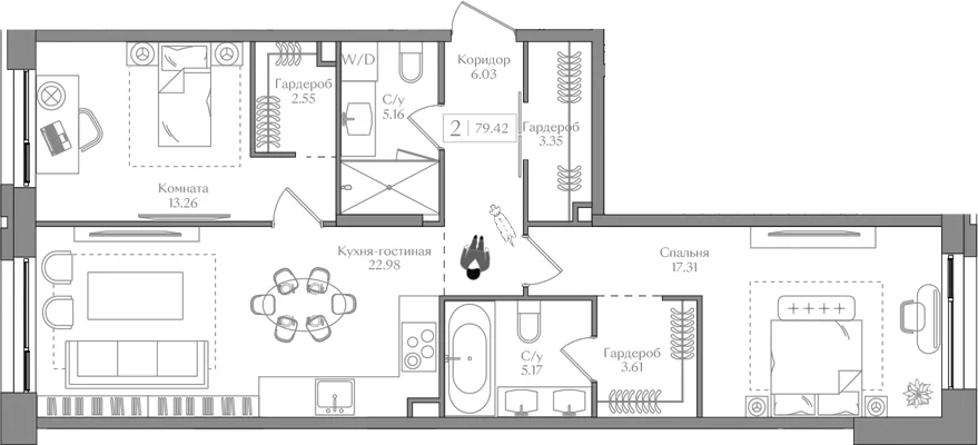 Планировка: Евротрёшка 79,4 м² в ЖК «Преображенская площадь»