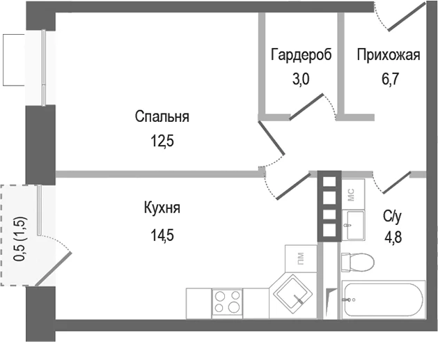 Планировка: 1-комнатная квартира 41,5 м² в ЖК «Киноквартал»