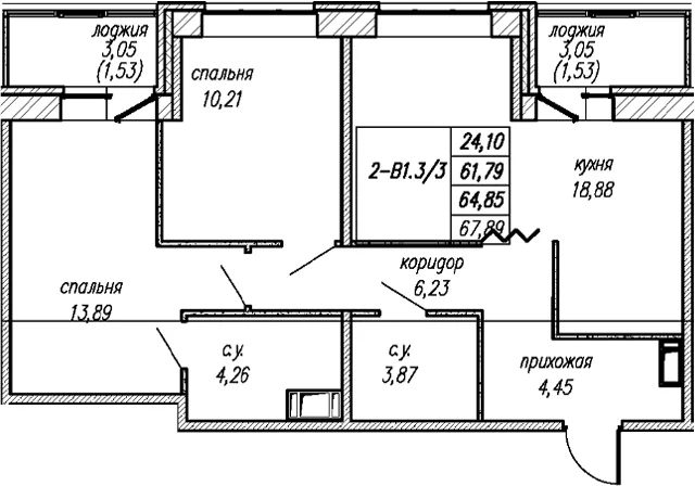 Планировка: Евротрёшка 61,8 м² в ЖК «Уютный Новоселье»