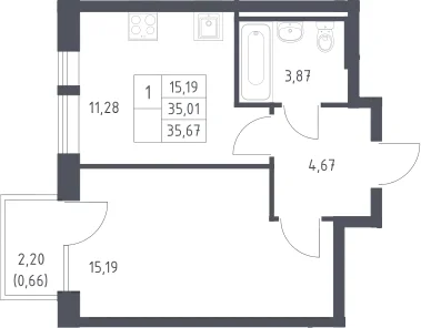Планировка: 1-комнатная квартира 35 м² в ЖК «Квартал Авиаторов»